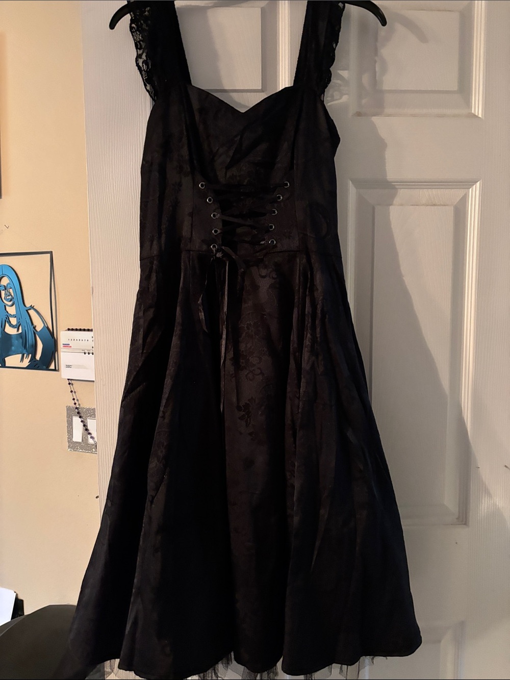 Black Lace-Up Midi Dress with Floral Jacquard